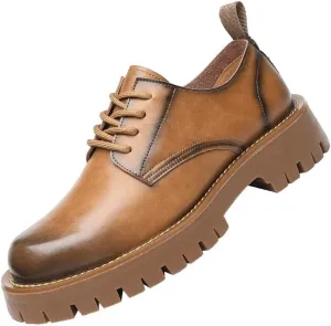 Platform Oxford Shoes for Men Fashion Slip-On Round Anti-Slip Mid Chunky Heels Dress Shoes Patent Leather Brogue Shoes