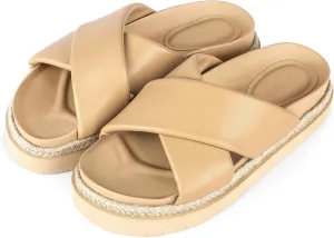 Platform Sandals for Women 2025 Raffia Espadrilles Slides Slip On Open Toe Summer Sandals with Criss Cross Decor