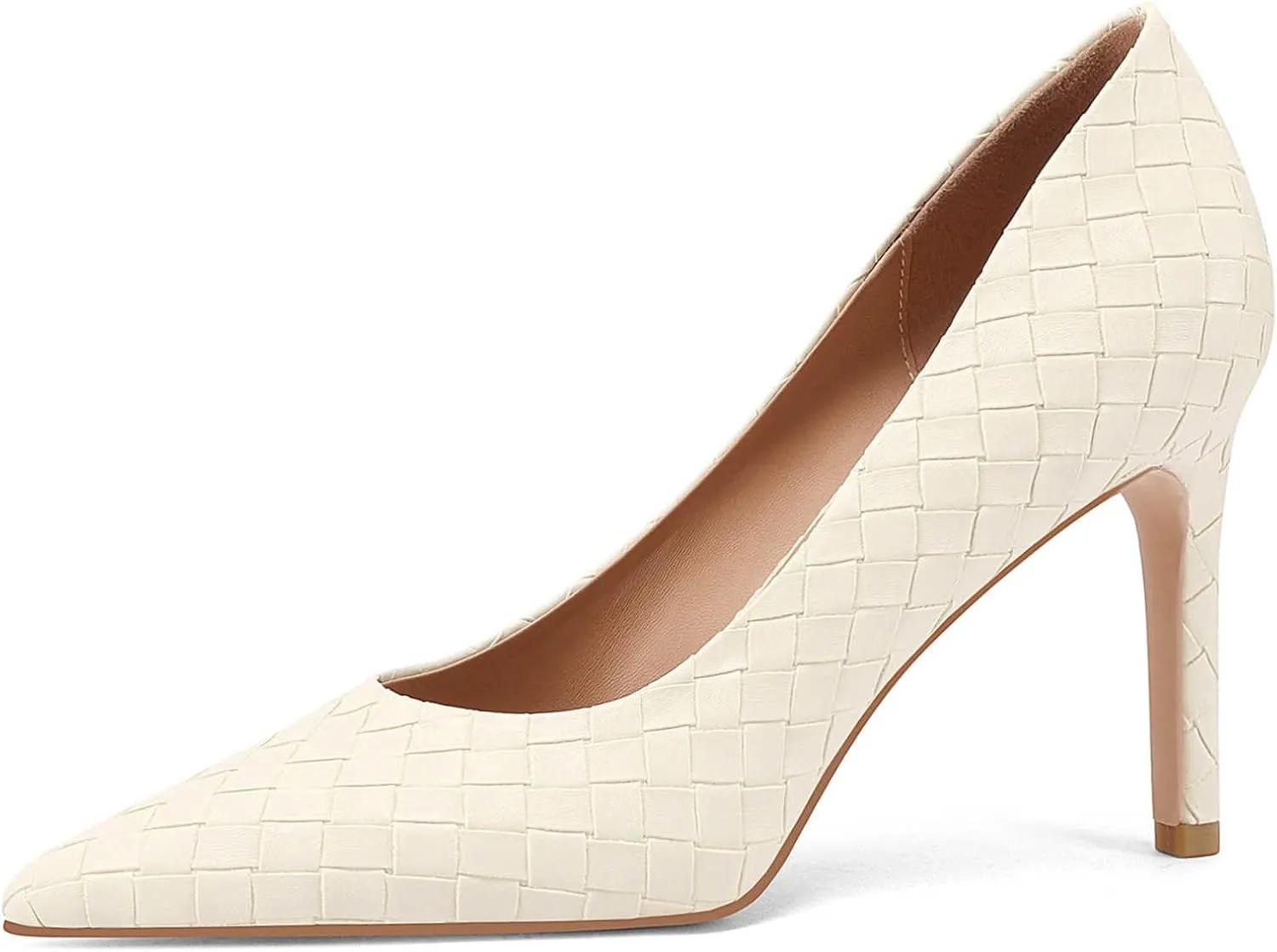 Pointed Toe High Heels Pumps for Women, Heeled Slip On Stiletto Dressy Pumps with Embossed Weave Pattern for Party, Office, and Daily Wear