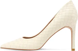 Pointed Toe High Heels Pumps for Women, Heeled Slip On Stiletto Dressy Pumps with Embossed Weave Pattern for Party, Office, and Daily Wear