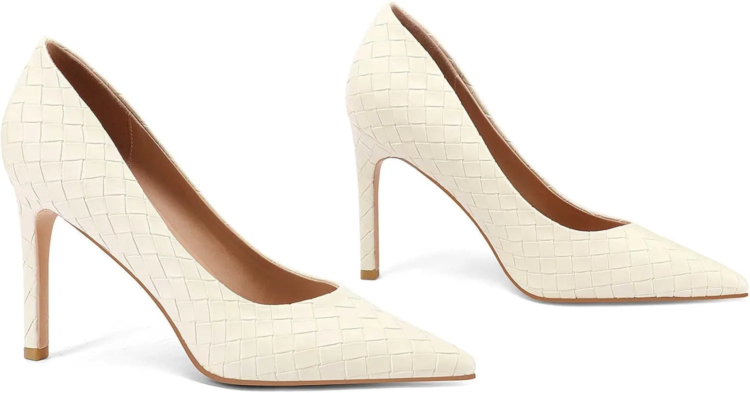 Pointed Toe High Heels Pumps for Women, Heeled Slip On Stiletto Dressy Pumps with Embossed Weave Pattern for Party, Office, and Daily Wear