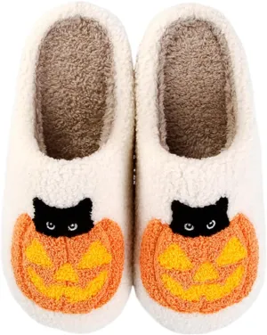 Pumpkin Halloween Slippers for Women Men Memory Foam Cozy Plush Slippers Couple Indoor Hous Slippers
