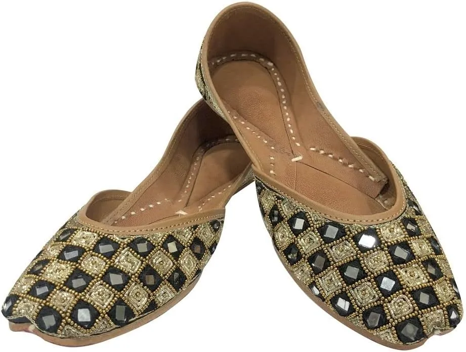Punjabi Jutti Flats for Women,Black Bohemian Genuine Soft Flat Jooti,Handmade Indian Ethnic Traditional Jooti