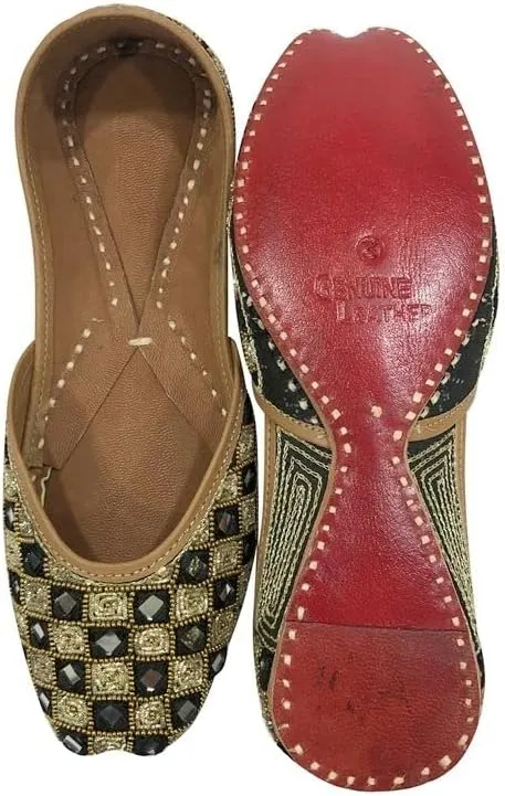 Punjabi Jutti Flats for Women,Black Bohemian Genuine Soft Flat Jooti,Handmade Indian Ethnic Traditional Jooti