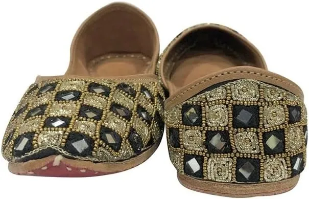 Punjabi Jutti Flats for Women,Black Bohemian Genuine Soft Flat Jooti,Handmade Indian Ethnic Traditional Jooti