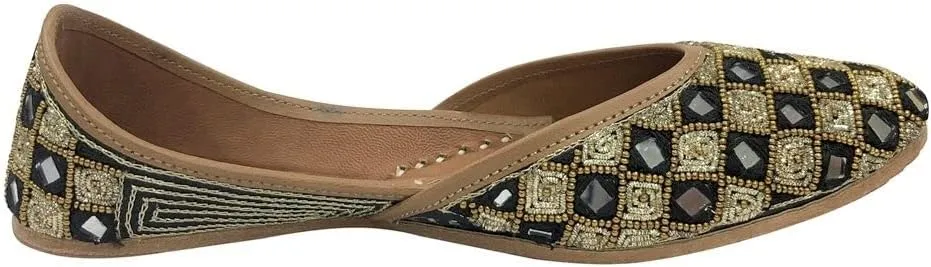 Punjabi Jutti Flats for Women,Black Bohemian Genuine Soft Flat Jooti,Handmade Indian Ethnic Traditional Jooti
