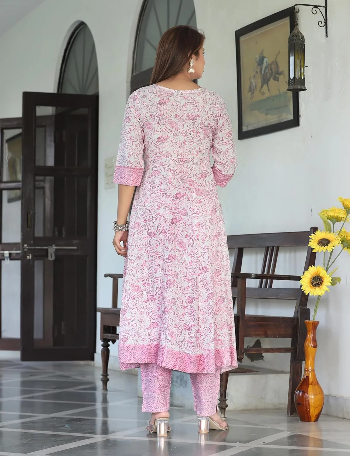 Pure Cotton Indian Traditional Jaipuri Rajasthani Kurta Pant Dupatta Set