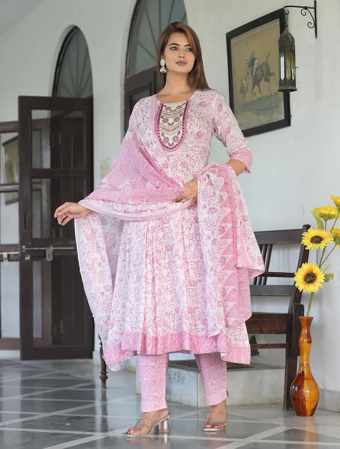 Pure Cotton Indian Traditional Jaipuri Rajasthani Kurta Pant Dupatta Set