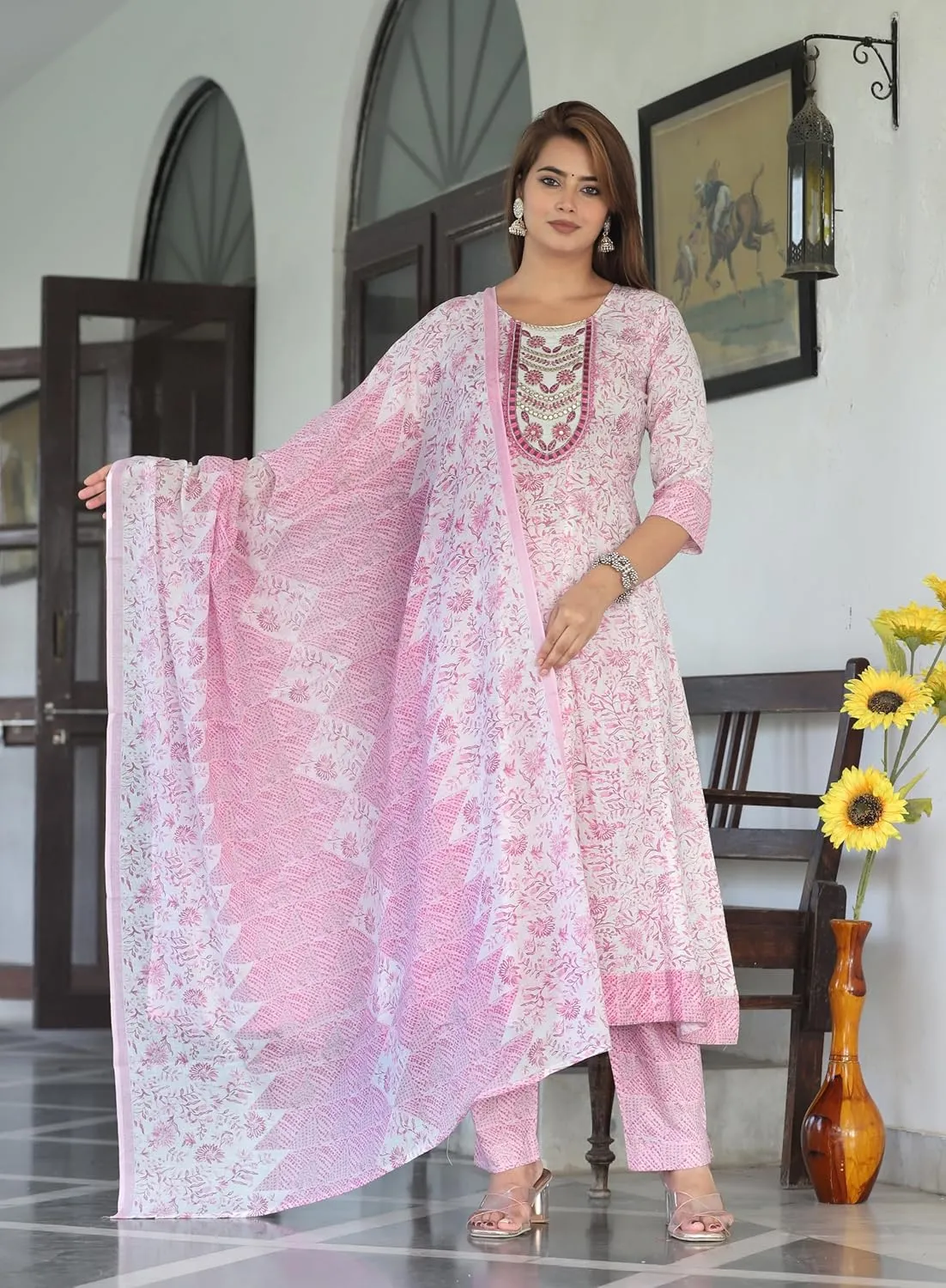 Pure Cotton Indian Traditional Jaipuri Rajasthani Kurta Pant Dupatta Set