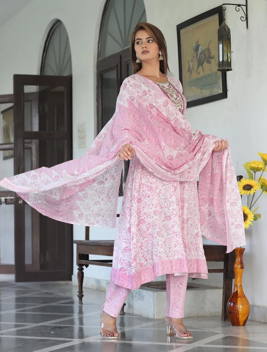 Pure Cotton Indian Traditional Jaipuri Rajasthani Kurta Pant Dupatta Set