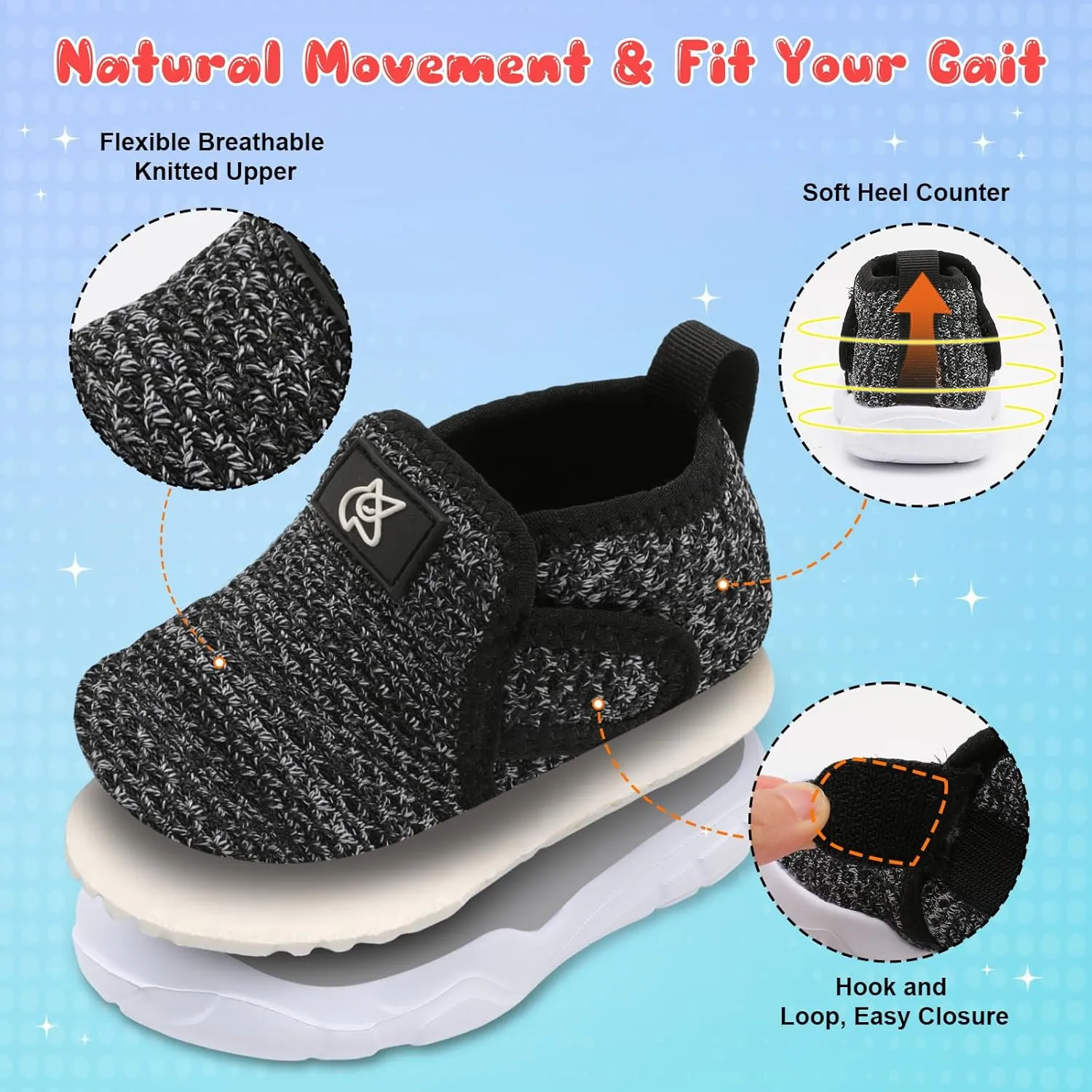 QFH Toddler Shoes Boys Girls Sneakers Comfy Barefoot Shoes Kids Adjustable Hook and Loop Walking Shoes Wide Toe Box Breathable Shoes