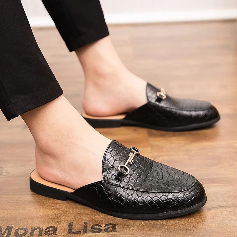 QMFUR Men's Open Back Slippers Faux Crocodile Leather Scuff Slides Closed Toe Flat Slip-On Leather Slides