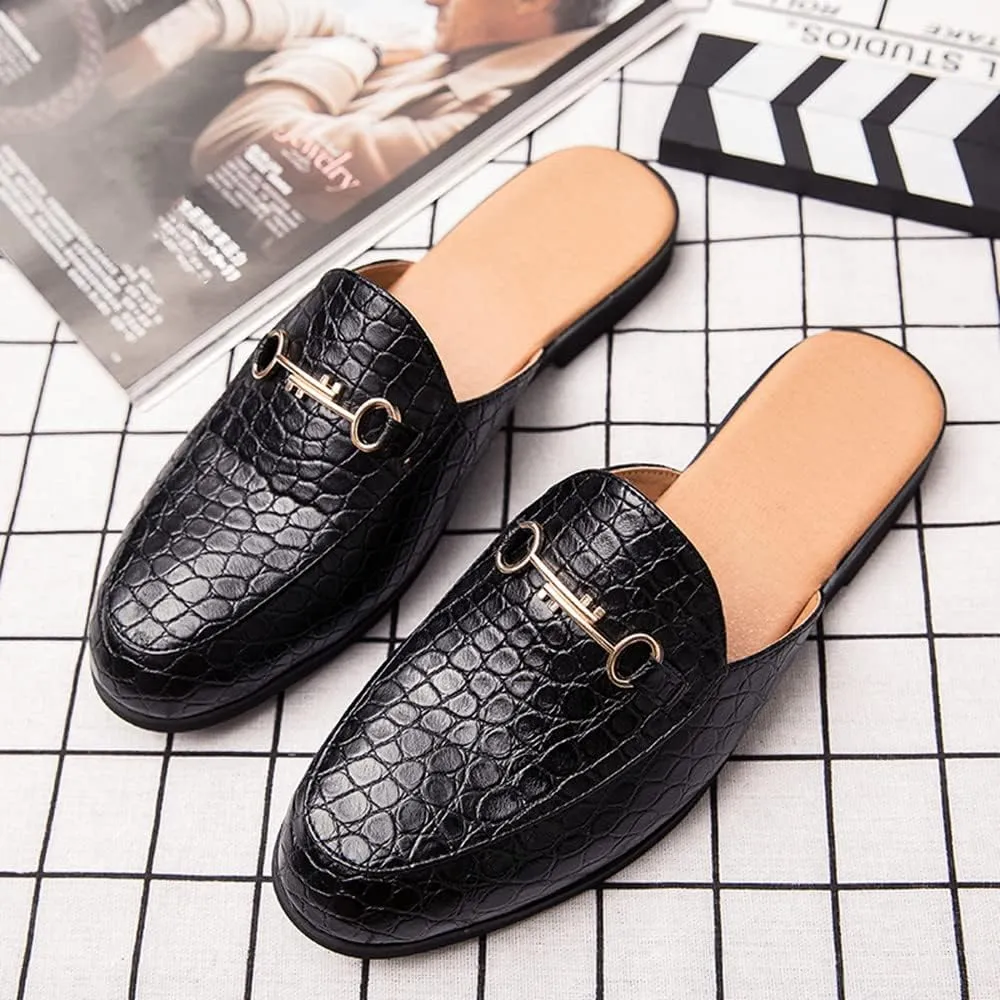 QMFUR Men's Open Back Slippers Faux Crocodile Leather Scuff Slides Closed Toe Flat Slip-On Leather Slides