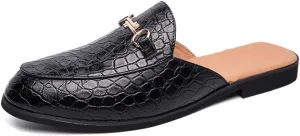 QMFUR Men's Open Back Slippers Faux Crocodile Leather Scuff Slides Closed Toe Flat Slip-On Leather Slides