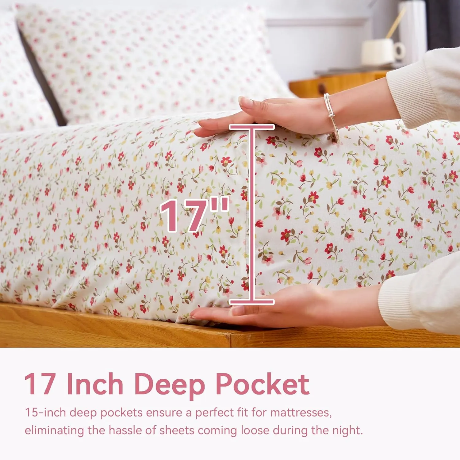 Queen Sheet Set 4 PCS - Floral Pattern Sheets with 15" Deep Pocket, Soft Luxury Cooling Sheets Queen, Easy Care, Lvory