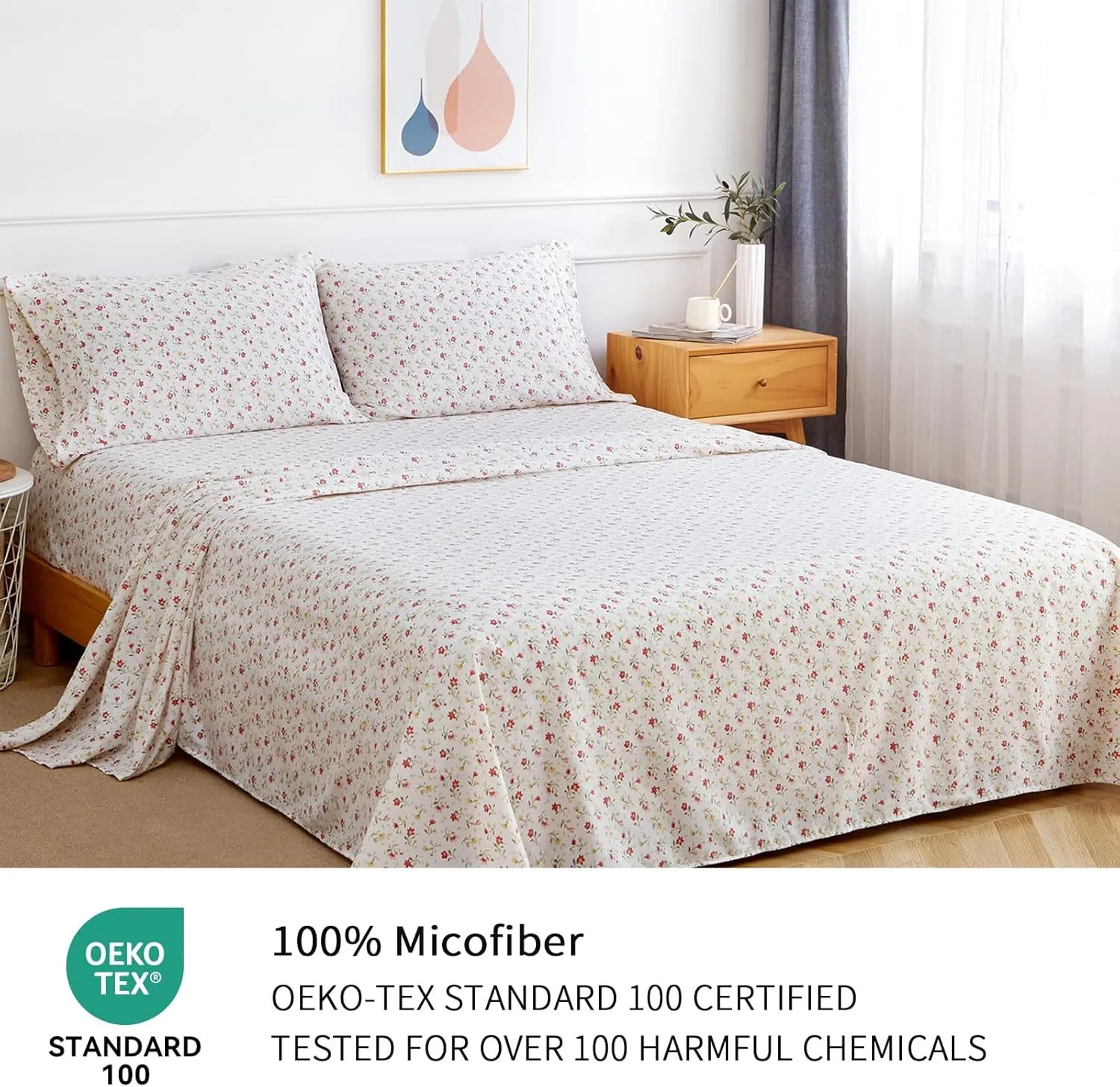 Queen Sheet Set 4 PCS - Floral Pattern Sheets with 15" Deep Pocket, Soft Luxury Cooling Sheets Queen, Easy Care, Lvory