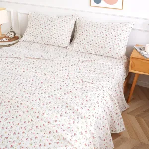 Queen Sheet Set 4 PCS - Floral Pattern Sheets with 15" Deep Pocket, Soft Luxury Cooling Sheets Queen, Easy Care, Lvory