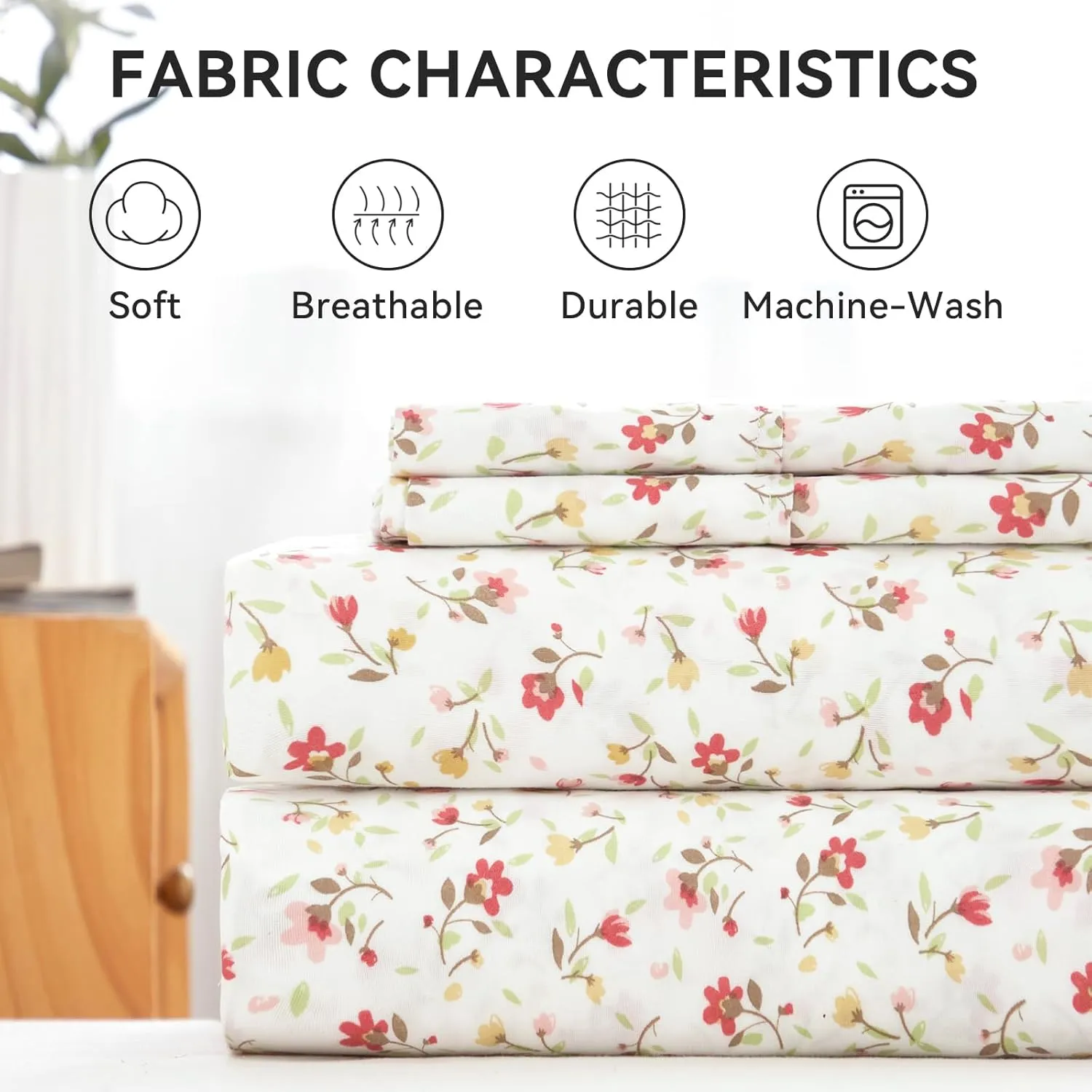Queen Sheet Set 4 PCS - Floral Pattern Sheets with 15" Deep Pocket, Soft Luxury Cooling Sheets Queen, Easy Care, Lvory