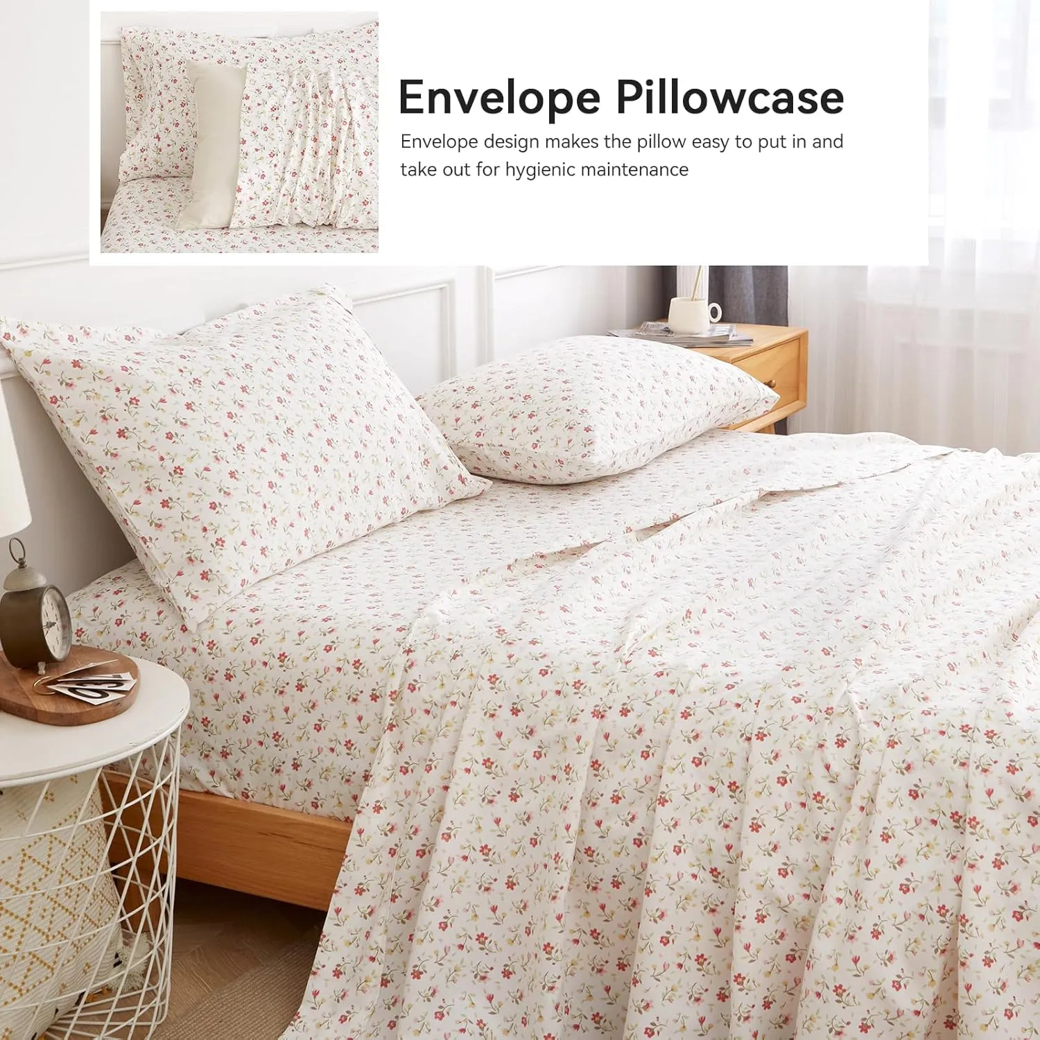 Queen Sheet Set 4 PCS - Floral Pattern Sheets with 15" Deep Pocket, Soft Luxury Cooling Sheets Queen, Easy Care, Lvory