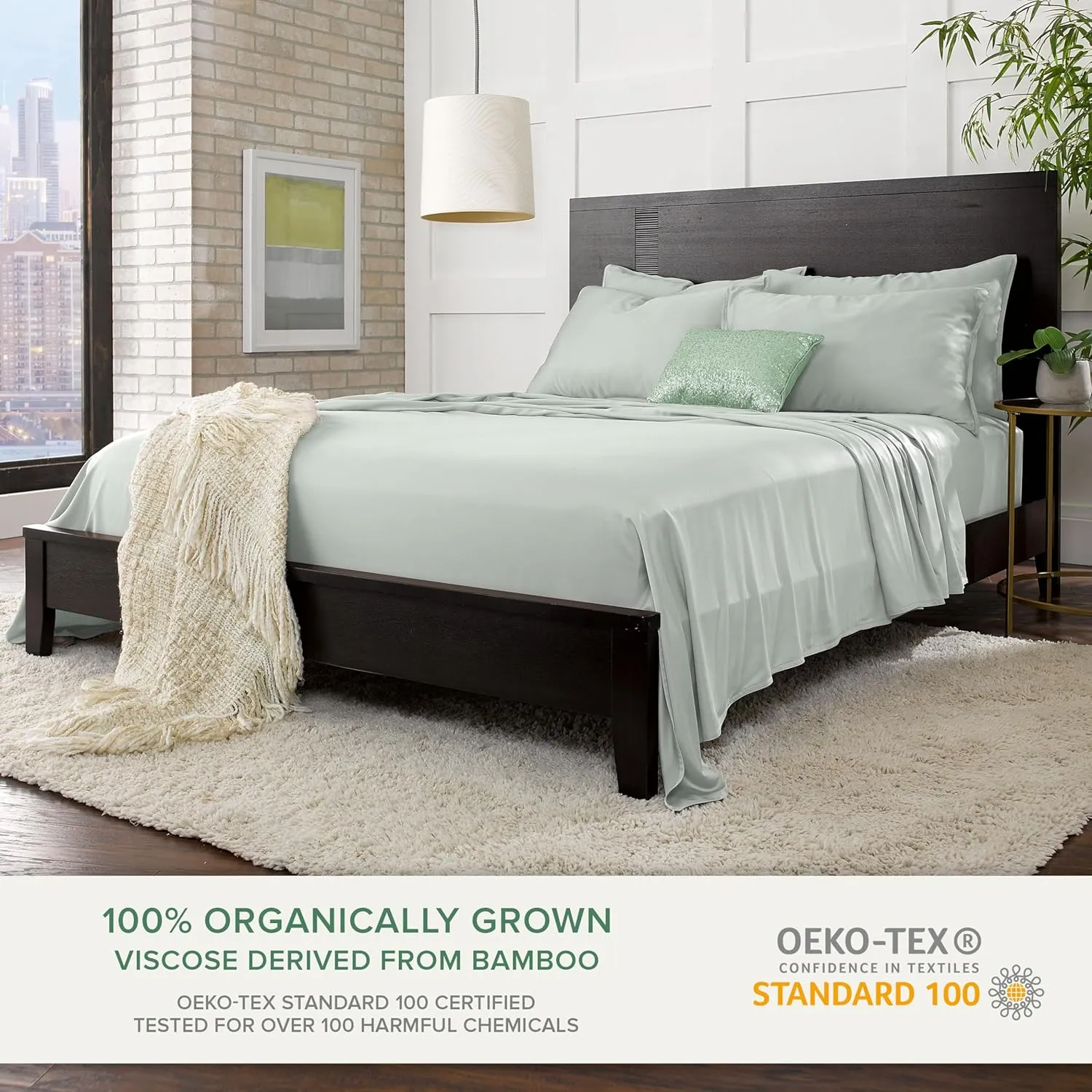 Queen Sheets by Pure Bamboo, Genuine 100% Organic Viscose Derived from Bamboo Bed Sheet Set, Luxuriously Soft & Cooling, Double Stitching, Lifetime Quality Promise (Queen, Sea Glass)
