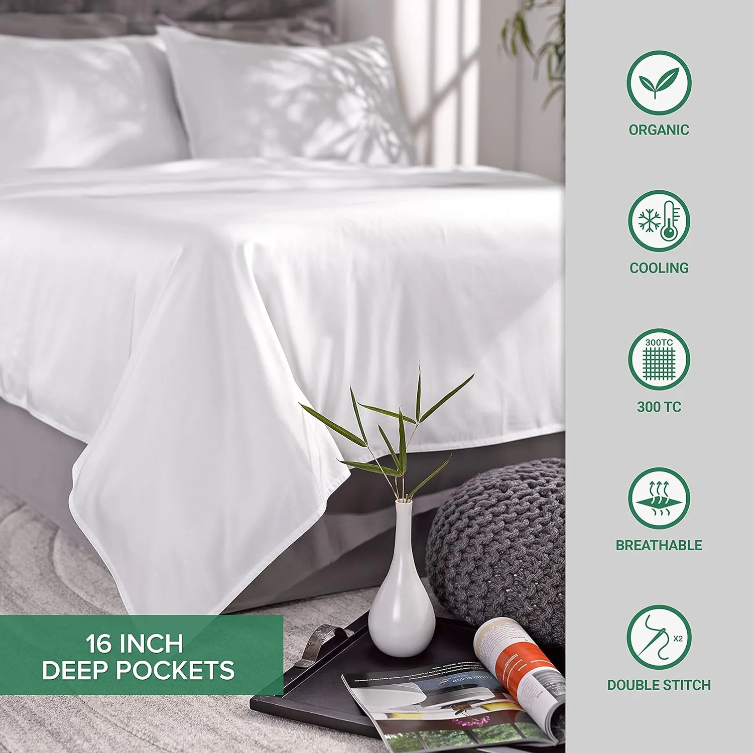 Queen Sheets by Pure Bamboo, Genuine 100% Organic Viscose Derived from Bamboo Bed Sheet Set, Luxuriously Soft & Cooling, Double Stitching, Lifetime Quality Promise (Queen, Sea Glass)