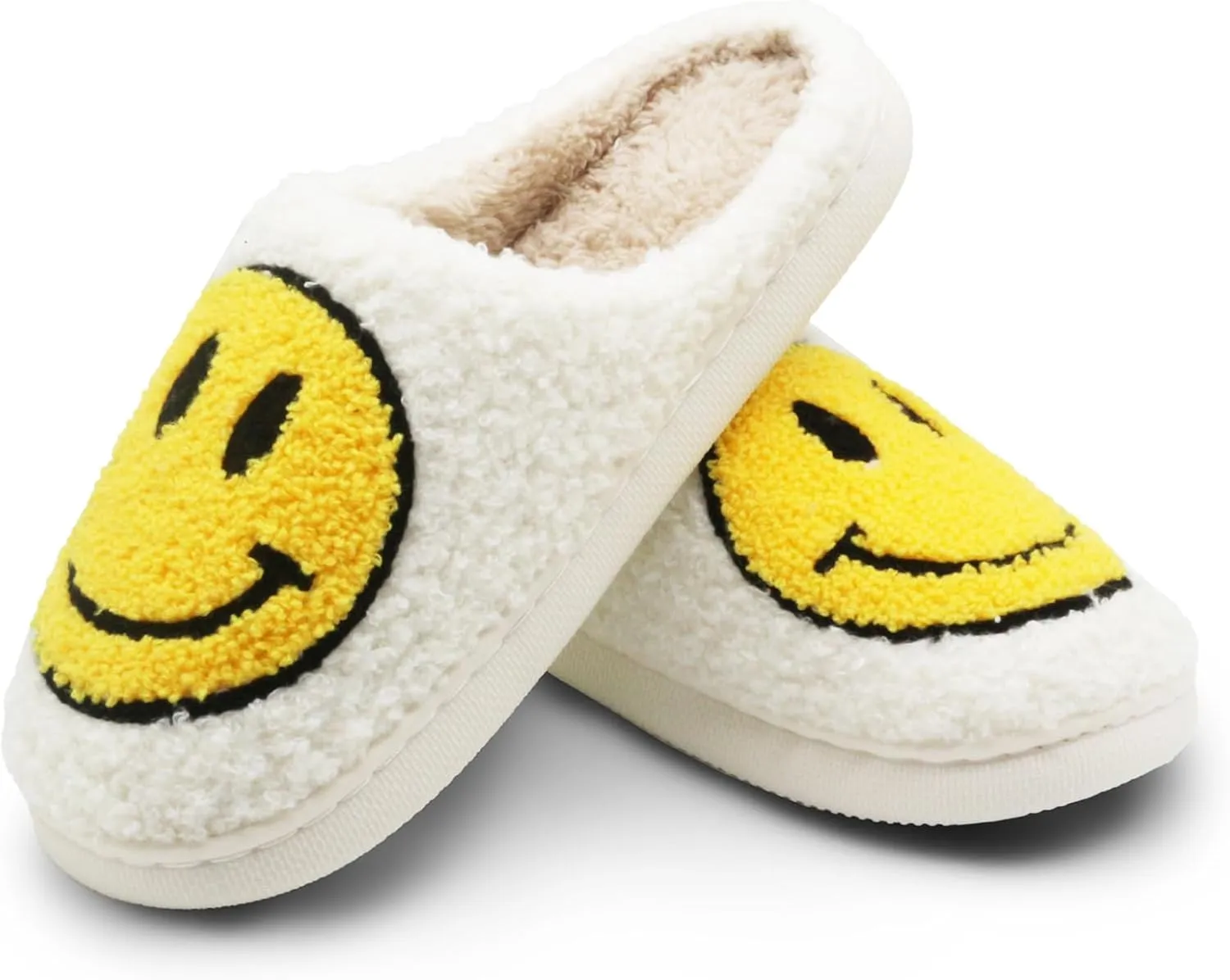 Retro Fuzzy Face Slippers for Women Men, Soft Plush Warm Slip-on Couple Style Casual Happy Face Slippers Cozy Indoor Outdoor Lightweight Anti-Skid Sole Cute House Slippers with Memory Foam