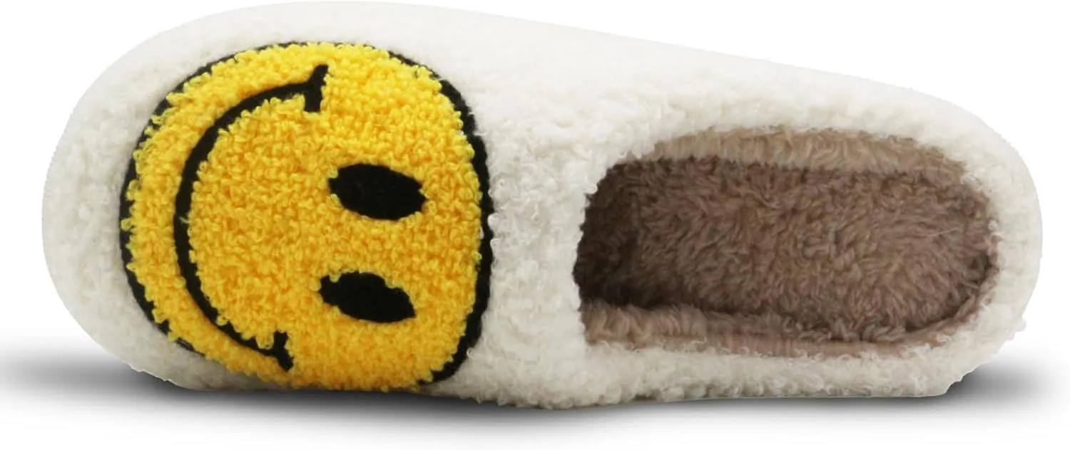 Retro Fuzzy Face Slippers for Women Men, Soft Plush Warm Slip-on Couple Style Casual Happy Face Slippers Cozy Indoor Outdoor Lightweight Anti-Skid Sole Cute House Slippers with Memory Foam