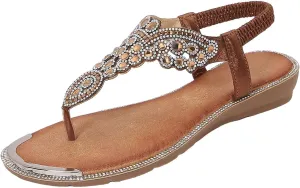 Rhinestones Flip Flops for Women 2025 Sparkly Cute Dressy Flat Sandals Low Heel Elastic Strappy Bohemia Slippers Lady Comfy Cushion Footed Slip On Walking Shoes Recovery Mules for Outdoor Indoor