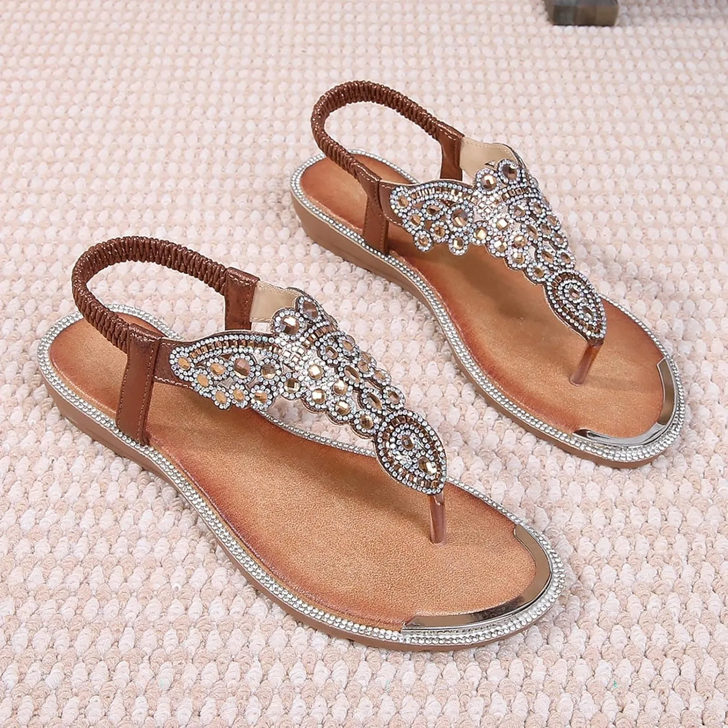 Rhinestones Flip Flops for Women 2025 Sparkly Cute Dressy Flat Sandals Low Heel Elastic Strappy Bohemia Slippers Lady Comfy Cushion Footed Slip On Walking Shoes Recovery Mules for Outdoor Indoor