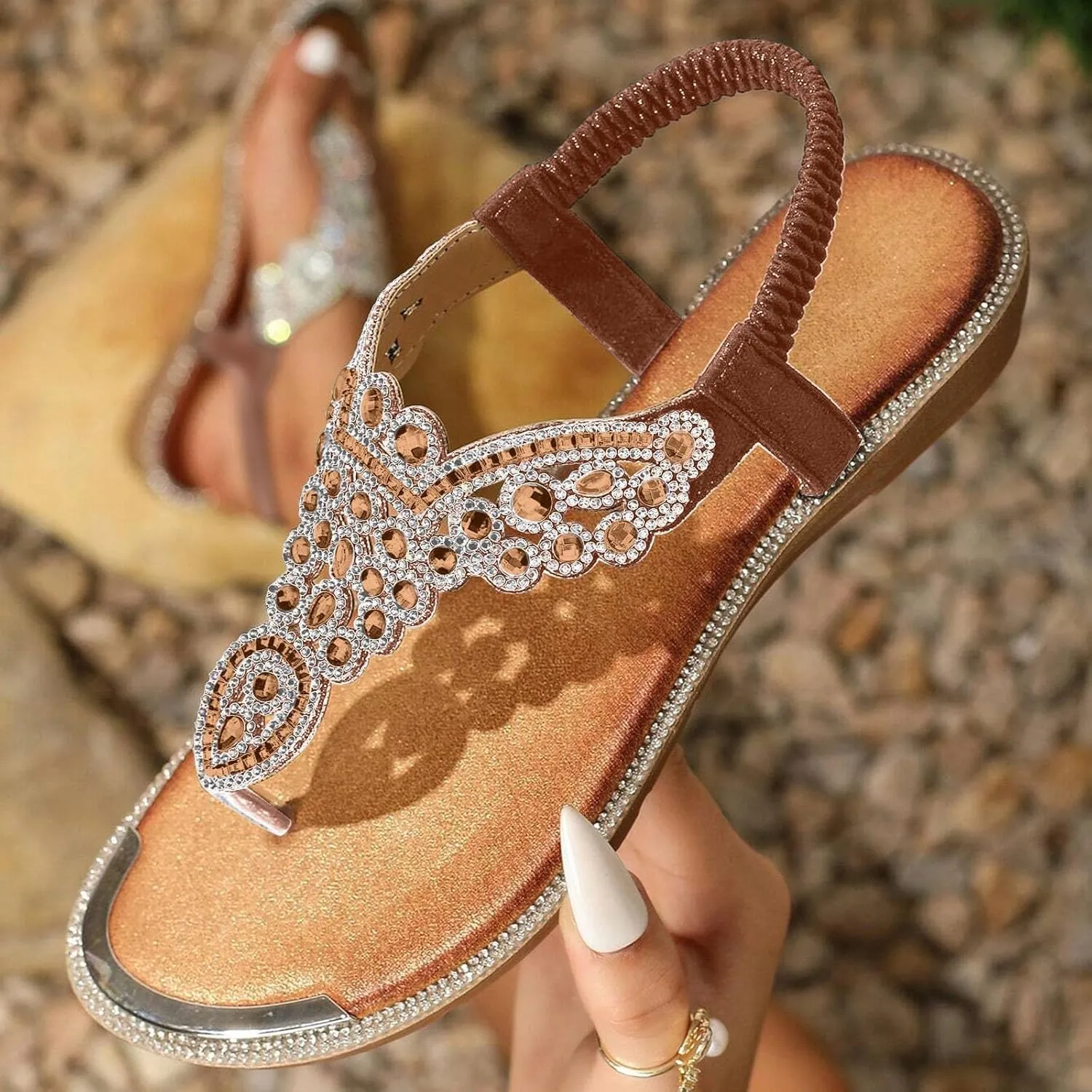 Rhinestones Flip Flops for Women 2025 Sparkly Cute Dressy Flat Sandals Low Heel Elastic Strappy Bohemia Slippers Lady Comfy Cushion Footed Slip On Walking Shoes Recovery Mules for Outdoor Indoor