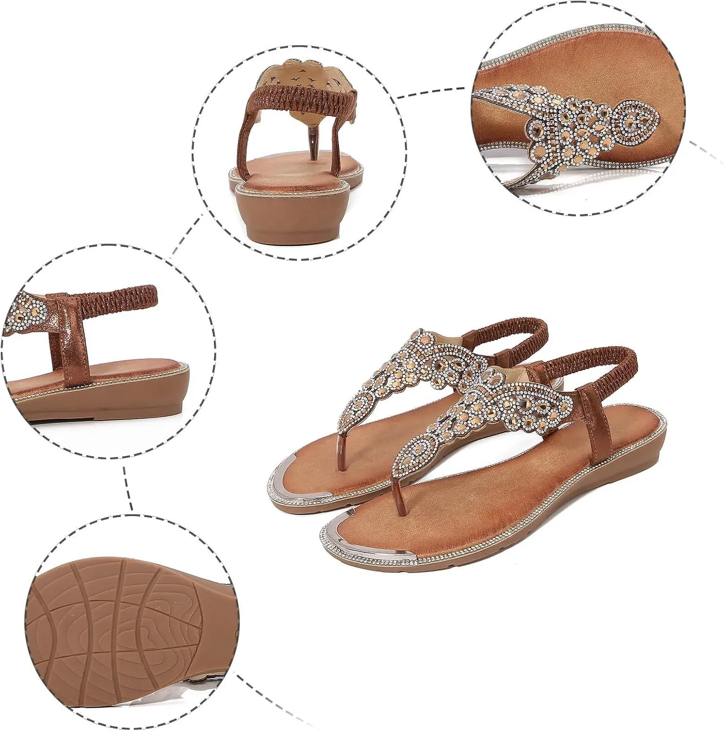 Rhinestones Flip Flops for Women 2025 Sparkly Cute Dressy Flat Sandals Low Heel Elastic Strappy Bohemia Slippers Lady Comfy Cushion Footed Slip On Walking Shoes Recovery Mules for Outdoor Indoor