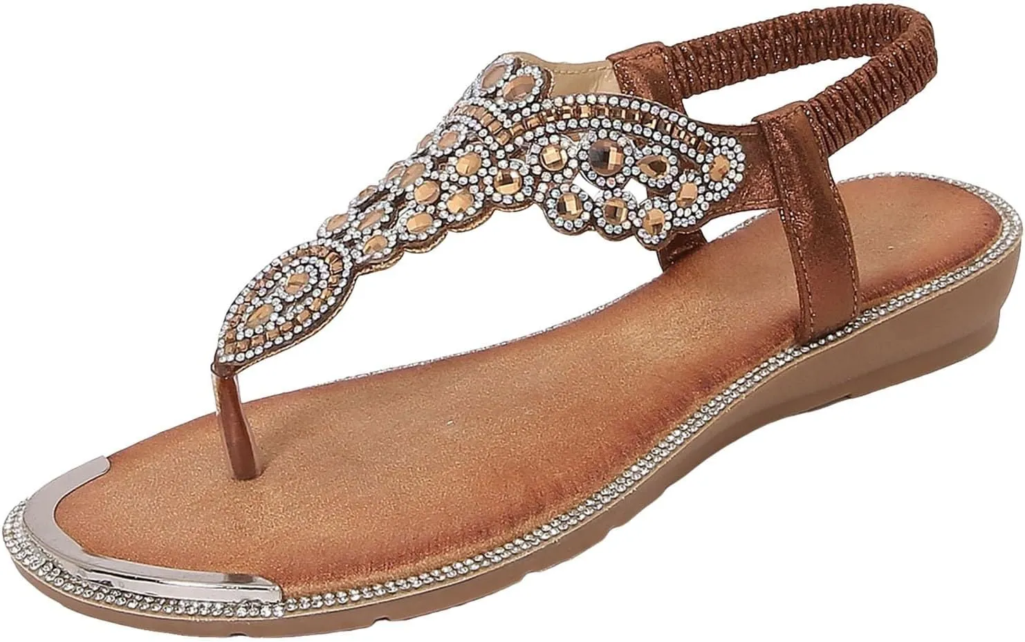 Rhinestones Flip Flops for Women 2025 Sparkly Cute Dressy Flat Sandals Low Heel Elastic Strappy Bohemia Slippers Lady Comfy Cushion Footed Slip On Walking Shoes Recovery Mules for Outdoor Indoor