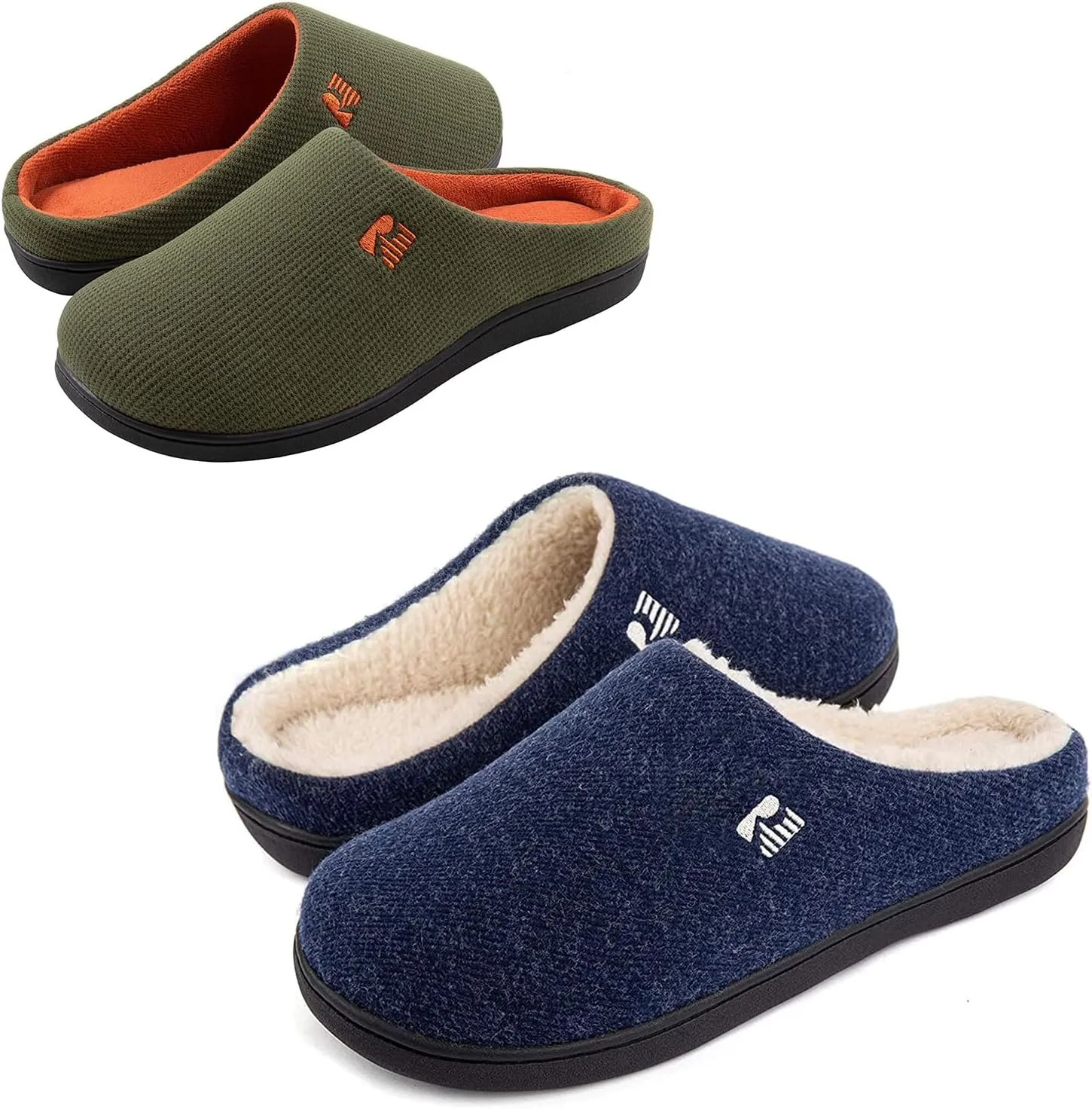 RockDove Set of 2 Pairs - US Size 13-14, Men's Original Two-Tone Slipper (Hunter Green) Men's Sherpa Lined Clog Slipper (Navy Blue)