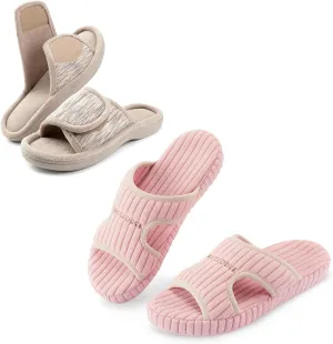 RockDove Set of 2 Pairs - Women's Adjustable Memory Foam Slipper (Size M,Beige) Ribbed Corduroy Slipper (Size 8,Pink)