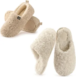 RockDove Set of 2 Pairs - Women's Size 10, Faux Shearling Closed Back Slipper (Beige) Twirl Fleece Fuzzy House Scuff (Pearl White)