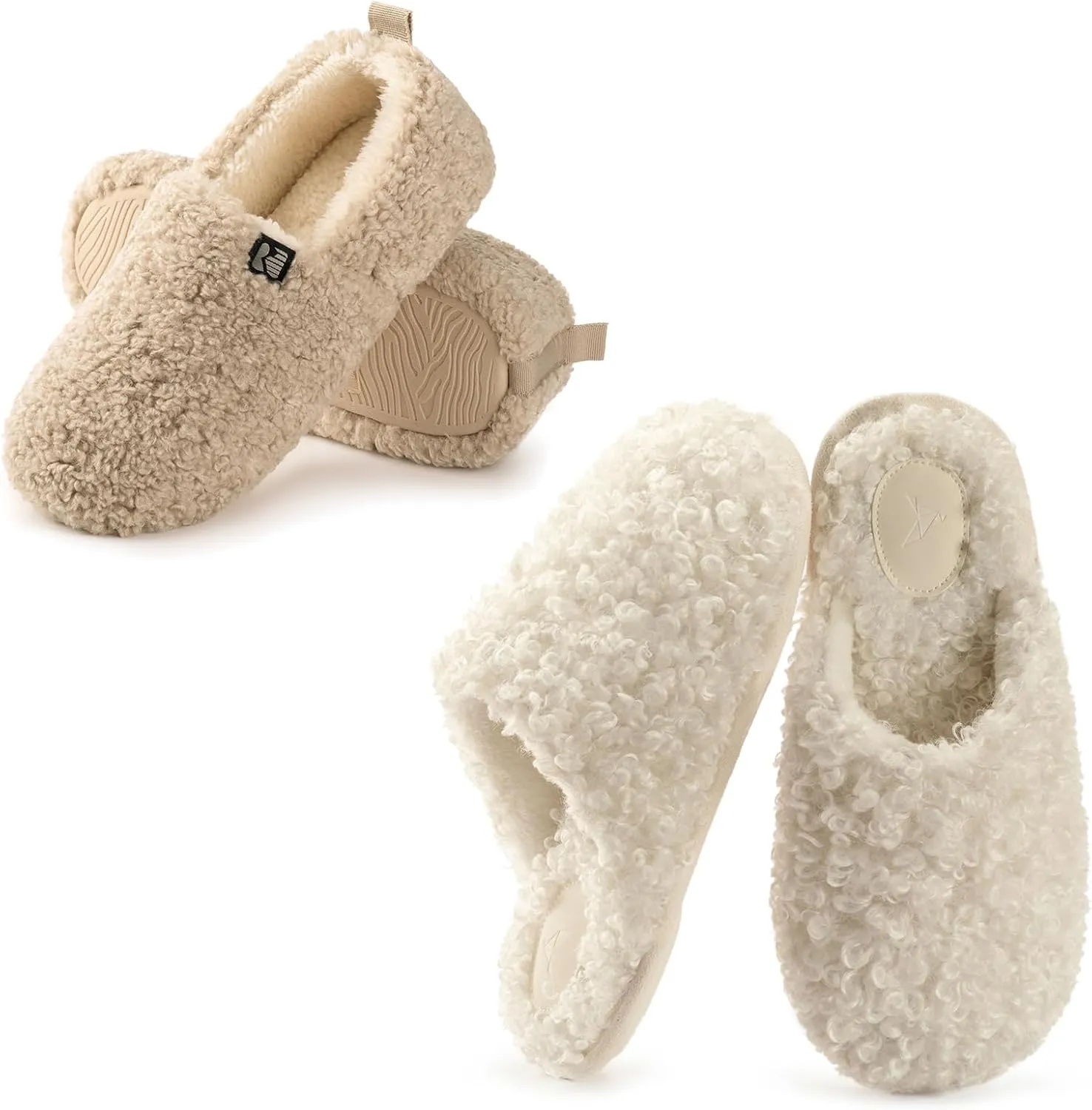 RockDove Set of 2 Pairs - Women's Size 10, Faux Shearling Closed Back Slipper (Beige) Twirl Fleece Fuzzy House Scuff (Pearl White)