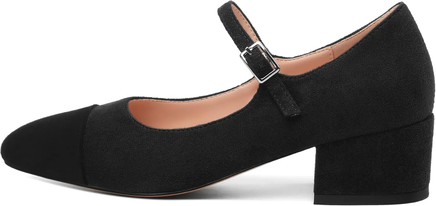 ROSERWISH Women's Mary Jane Shoes Chunky Low Heel Closed Round Toe Heels Ankle Strap Cap Toe Pumps Office Work Bridal Wedding Party 2 Inch Dress Shoes