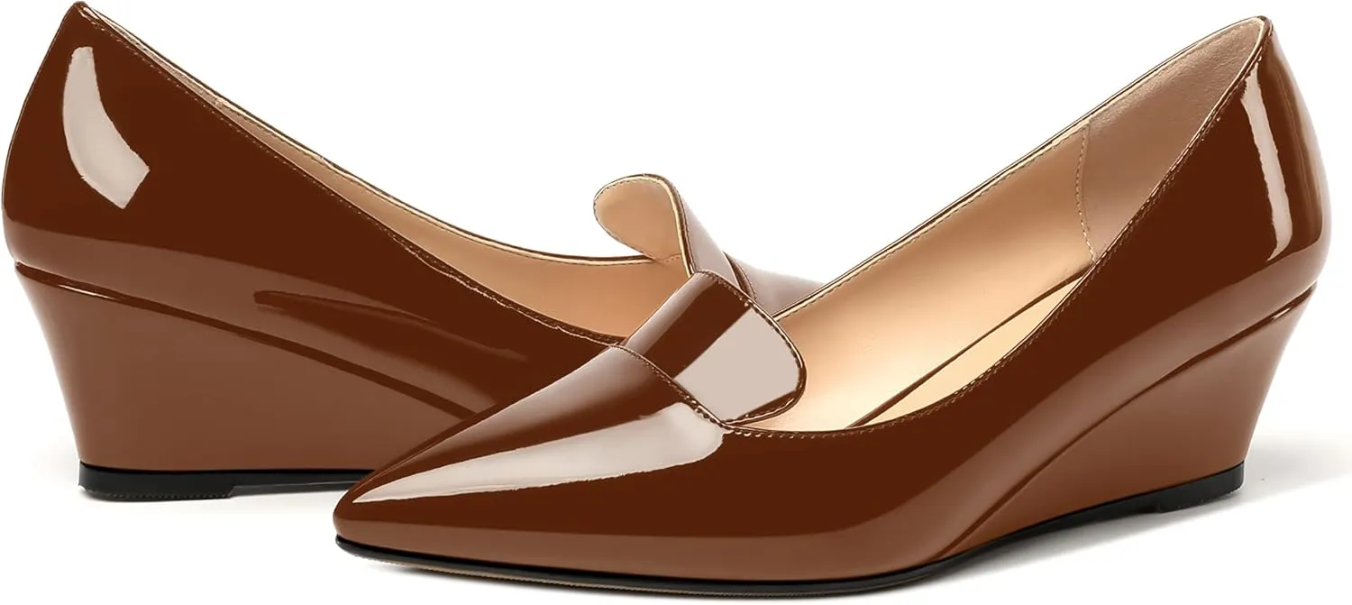 ROSERWISH Womens Patent Comfortable Casual Slip On Office Pointed Toe Wedge Low Heel Pumps Dress Shoes 2 Inch