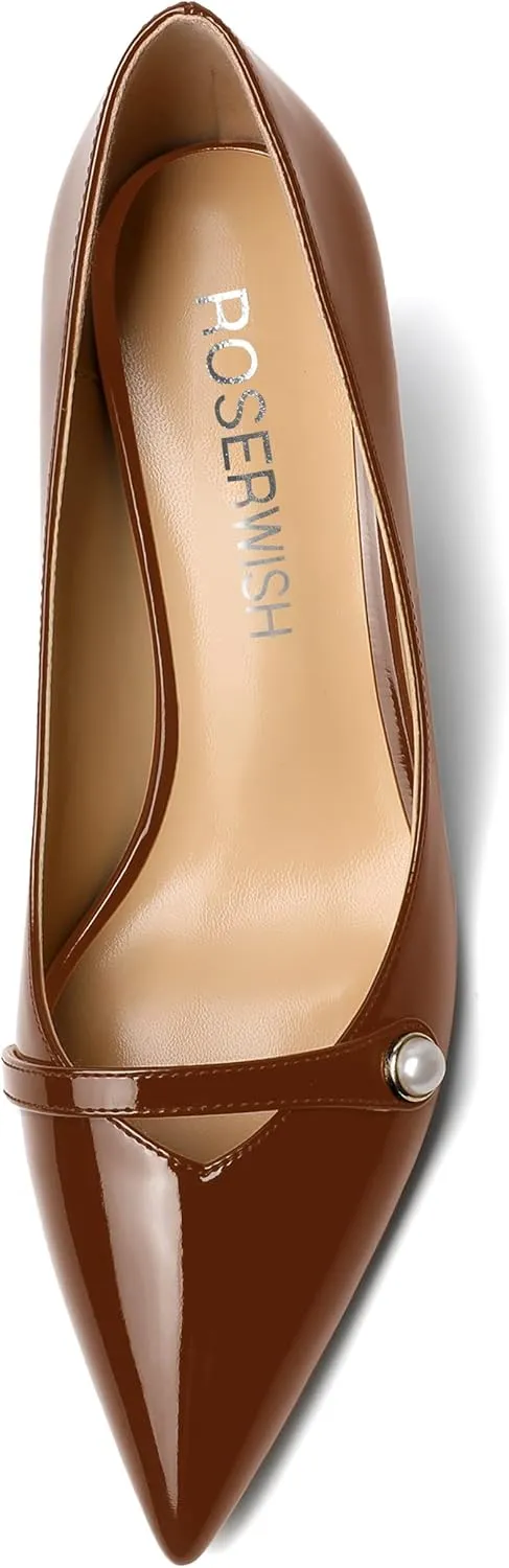 ROSERWISH Womens Sexy Patent Pointed Toe Slip On Evening Wedding Stiletto Mid Heel Pumps Dress Shoes 2.5 Inch