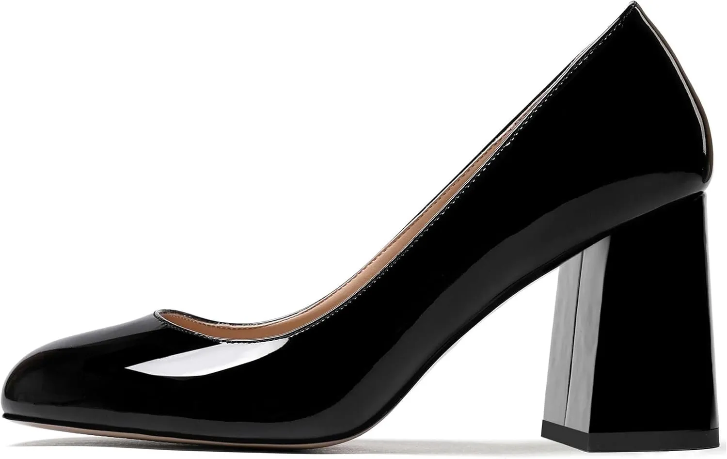 ROSERWISH Womens Wedding Patent Slip On Round Toe Comfortable Fashion Block High Heel Pumps Shoes 3.3 Inch