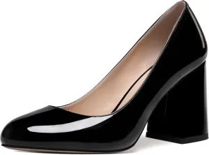 ROSERWISH Womens Wedding Patent Slip On Round Toe Comfortable Fashion Block High Heel Pumps Shoes 3.3 Inch