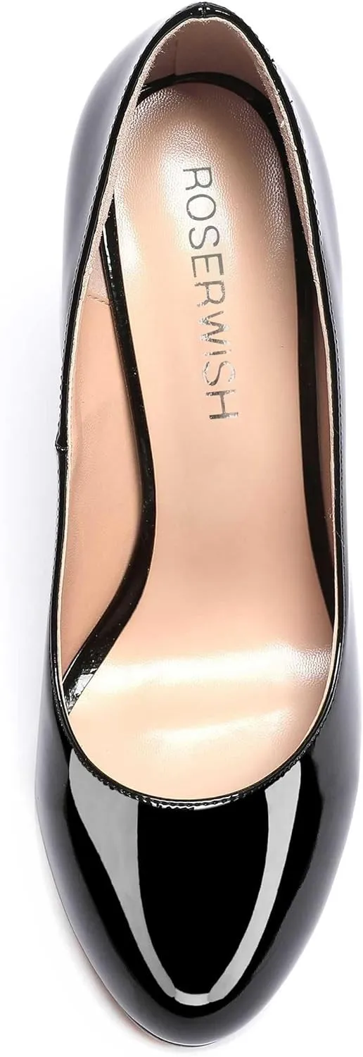 ROSERWISH Womens Wedding Patent Slip On Round Toe Comfortable Fashion Block High Heel Pumps Shoes 3.3 Inch