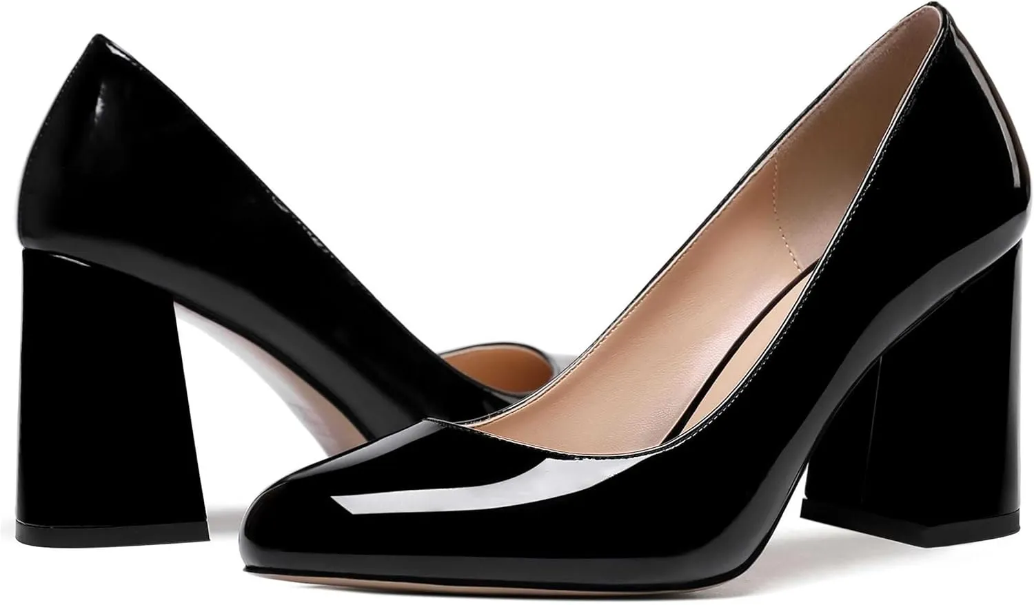 ROSERWISH Womens Wedding Patent Slip On Round Toe Comfortable Fashion Block High Heel Pumps Shoes 3.3 Inch