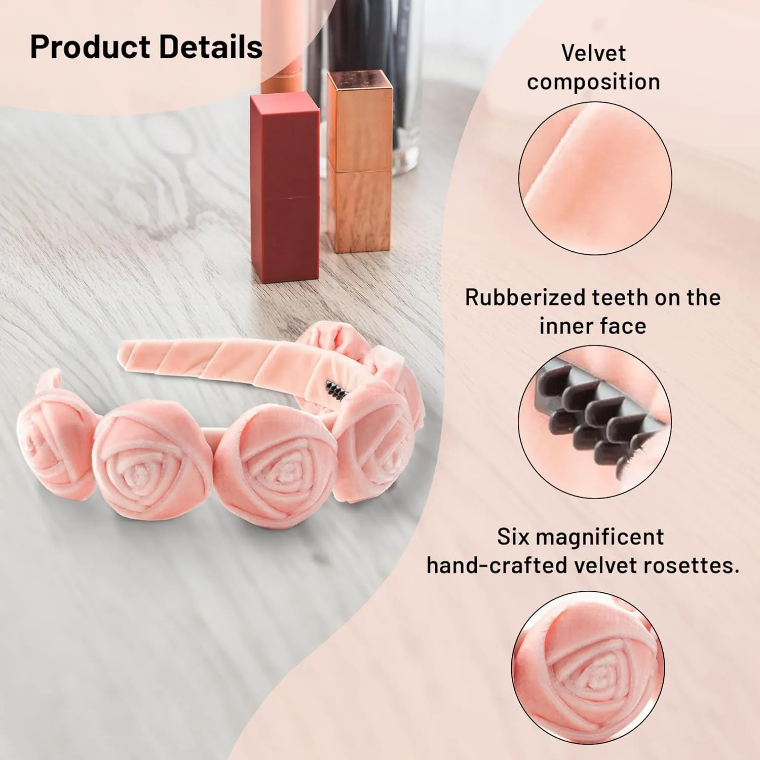 Rosette Velvet Headband - Ballet Slipper | Elegant Soft Velvet Accessory with Hand-Crafted Rosettes | Comfortable & Secure Fit with Rubberized Teeth | Perfect for Special Occasions & Everyday Wear