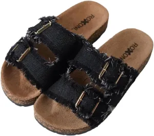 Roxoni Women's Comfort Flat Sandals Double Buckle Adjustable Straps Flat Slides Footbed Suede