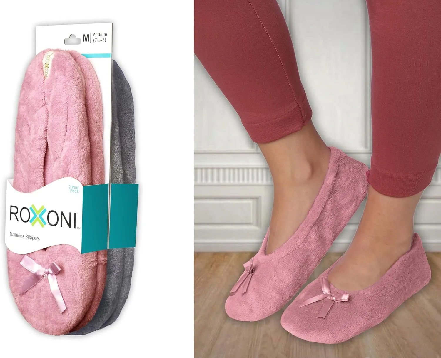 Roxoni Women's Terry Classic Cotton & Velour Ballerina Slippers (Pack of 2)