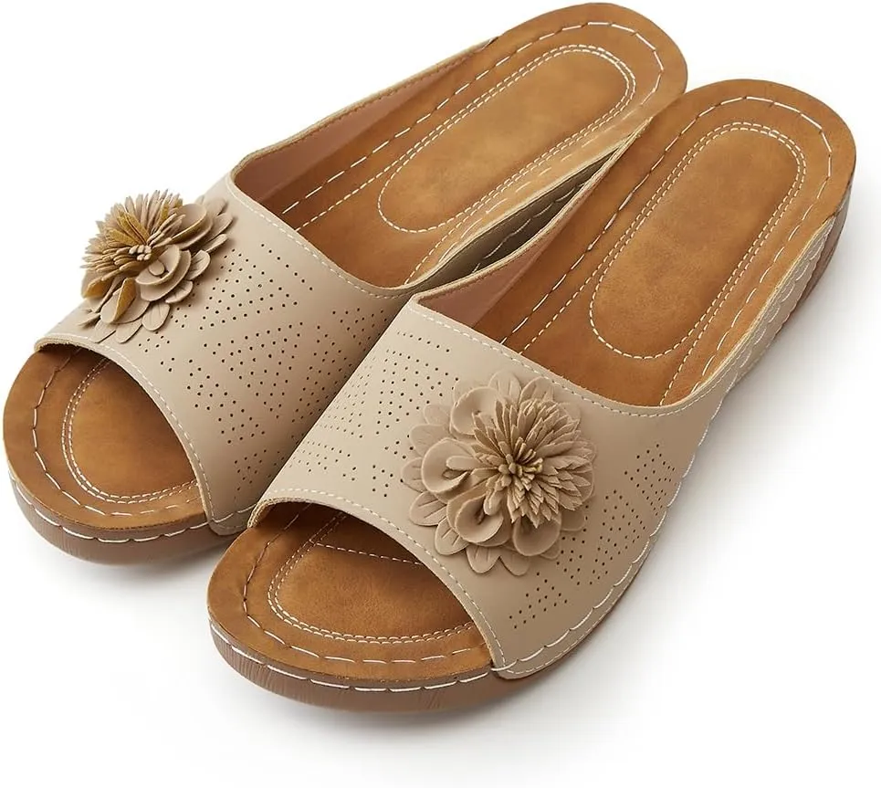 Rungion Womens Summer Beach Sandals Wedge Low Open Toe Slides Ladies Dressy Sandals Slipper Platform Comfortable Flower Sandals