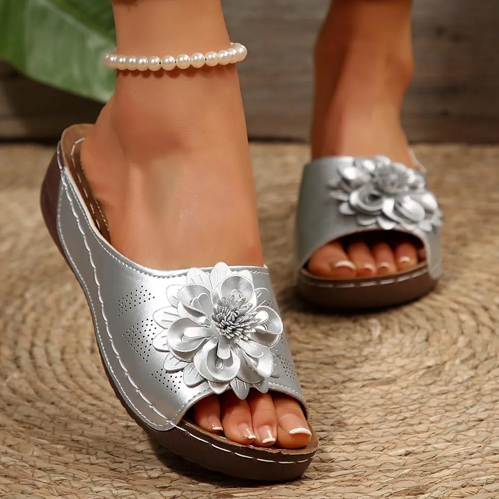 Rungion Womens Summer Beach Sandals Wedge Low Open Toe Slides Ladies Dressy Sandals Slipper Platform Comfortable Flower Sandals