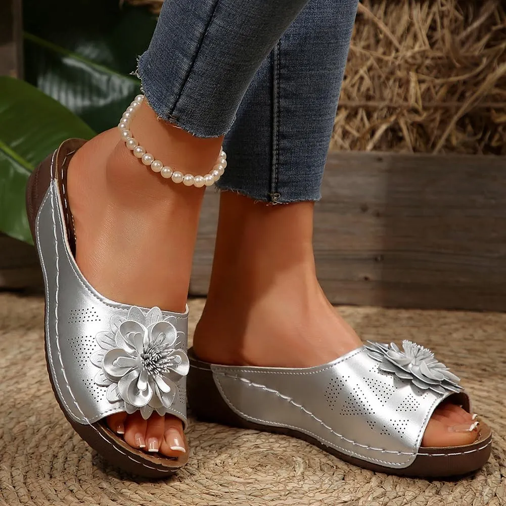 Rungion Womens Summer Beach Sandals Wedge Low Open Toe Slides Ladies Dressy Sandals Slipper Platform Comfortable Flower Sandals