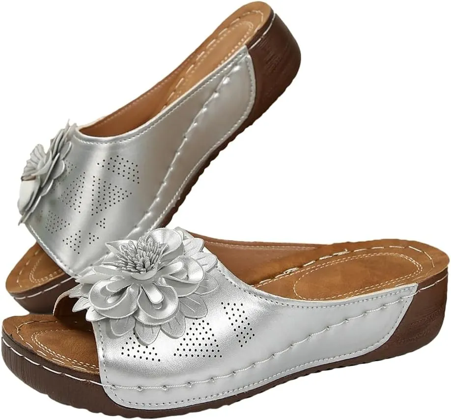 Rungion Womens Summer Beach Sandals Wedge Low Open Toe Slides Ladies Dressy Sandals Slipper Platform Comfortable Flower Sandals